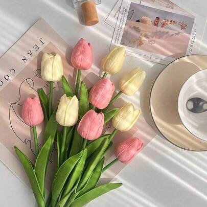 10支/2支装郁金香仿真花，实心花束，假植物，新娘手捧花，婚礼装饰花，家居客厅装饰花，DIY插花材料，情人节，返校季，配件，装饰品，适用于婚礼场地、家居酒店、派对活动、情人节和新年礼物