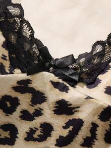 2 件女式性感睡袍，豹纹印花撞色蕾丝拼布蝴蝶结无袖印花开衩下摆吊带睡裙 - 彩色 - 查看 8