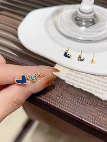 3 Pairs Minimalist Chic Petite Elegant Heart-Shaped Glass Inlaid Earrings Set, Suitable For Daily Wear And Gatherings - Blue - View 4