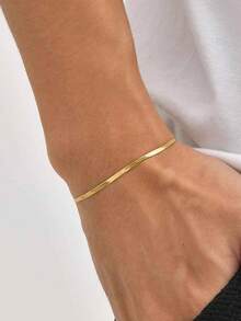 1pc Vintage Minimalist Plain Stainless Steel Flat Snake Chain 18K Gold Color Bracelet, Unisex Jewelry Accessory, Suitable For Autumn, Daily Wear - Flat Snake Company - View 7