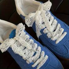 1 Pair Of Women's White Lace Bow - Hollow V-Shaped Printed Korean-Style Decorative Shoelaces, 47.24inch Lightweight Accessories Suitable For Sneakers, Flats, And Wedding Shoes - 白色 - 查看 5