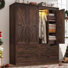 Farmhouse 3/4 Doors Armoire Wardrobe Closet W/Folding Sliding Barn Door And Lights, LED Armoire Closet W/Drawers For Bedroom, Freestanding Wooden Wardrobe Storage Closets W/Hanging Rod - 棕色 - 查看 1