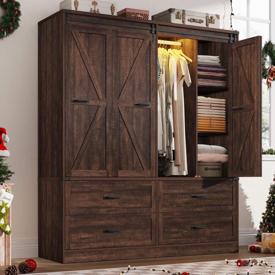 Farmhouse 3/4 Doors Armoire Wardrobe Closet W/Folding Sliding Barn Door And Lights, LED Armoire Closet W/Drawers For Bedroom, Freestanding Wooden Wardrobe Storage Closets W/Hanging Rod - 棕色 - 查看 1