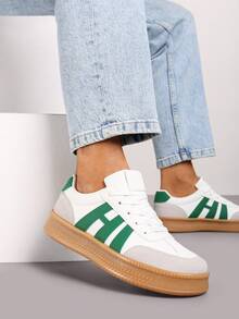 Thick Sole Sneakers With Contrasting Stitching - Olive Green - View 2