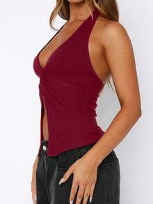 1pc Solid Color Fabric Asymmetric/Asymmetrical Twist Back Camisole Top, Spring/Summer - Burgundy - View 4