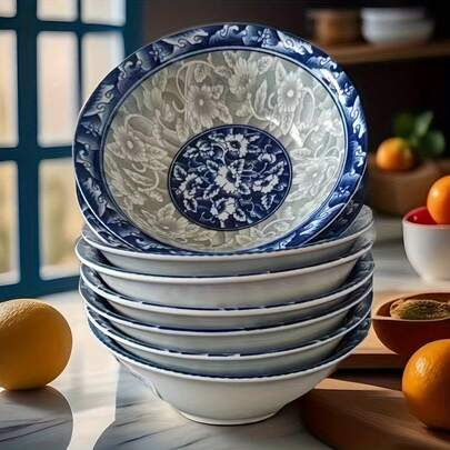 Ceramic Bowl,Ceramic Cereal Bowls, Soup Bowl/Salad Bowls, Japanese Bowls, Set Of 4 Assorted Designs, Blue And White(6in)