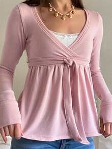 Women Y2K Babydoll Knit Tops Long Sleeve Lace Patchwork Low Cut Peplum Sweater Fairy Vintage 90s Coquette Blouse - 粉色 - 查看 4