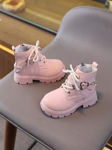新款圆头儿童靴，休闲复古平底女童踝靴，防滑耐磨大童鞋，女童学生朋克靴 - 粉色 - 查看 3