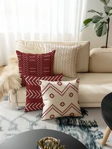4pcs Bohemian Geometric Pattern Zipper Pillow Covers - Machine Washable, Double-Sided Printing, Available In Brown, Black, Beige And White - Ideal For Living Room Sofa And Bedroom Decor (Pillow Inserts Not Included), Decorative Throw Pillows - Red - View 6