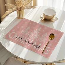 1/4/6/8/12pcs Pink Christmas Tree Print Placemats, Cute Pink Merry Christmas Placemats, Christmas Tree Elements, Washable Placemats, Suitable For Holiday Kitchen Table Decoration Settings, 12.6x16.5inch