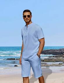 Men's 2 Pieces Linen Set Casual Henley Short Sleeve Shirts Beach Yoga Shorts Summer Outfits - Màu xanh lam - Xem 2