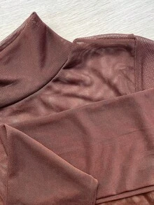 Women's Transparent Tulle Bodysuit Top, Thin Second Skin Fashion - 鏽棕色 - 查看 3