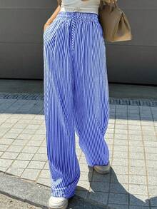 Wide Leg Striped Elastic Palazzo Pants With Pockets - Royal Blue - View 1