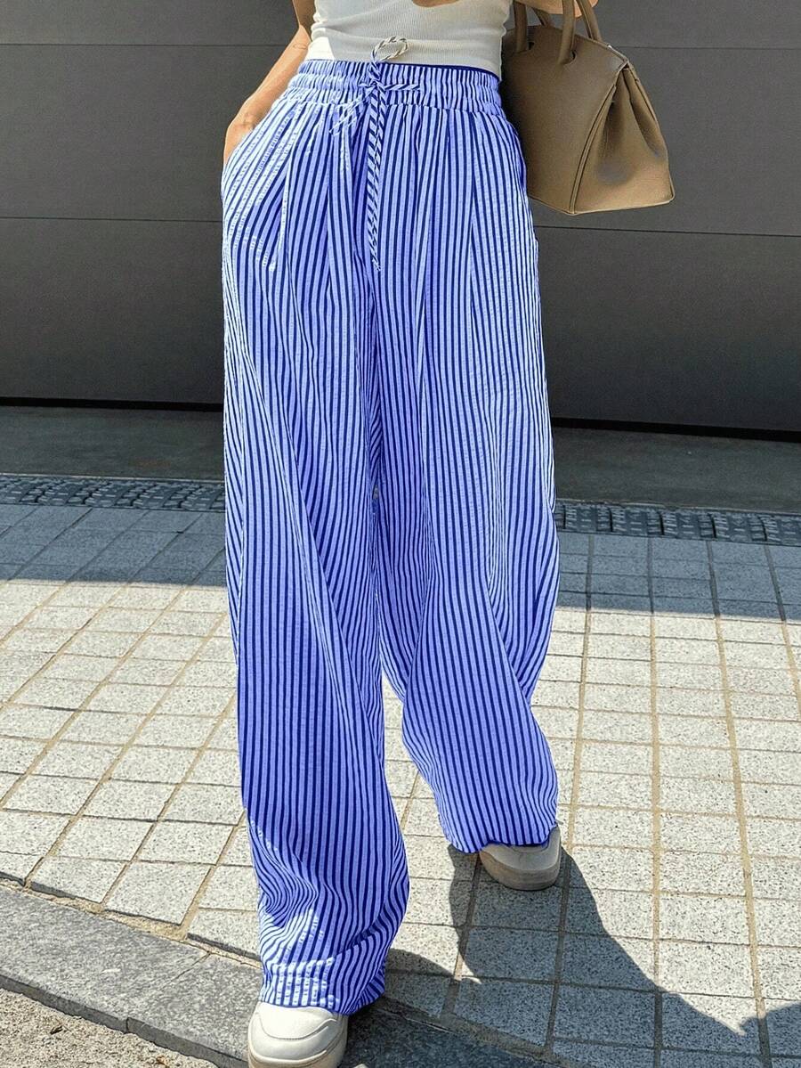 Wide Leg Striped Elastic Palazzo Pants With Pockets - Royal Blue - View 1