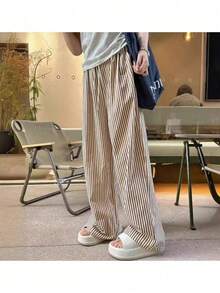 Wide Leg Striped Elastic Palazzo Pants With Pockets - Coffee Brown - View 1