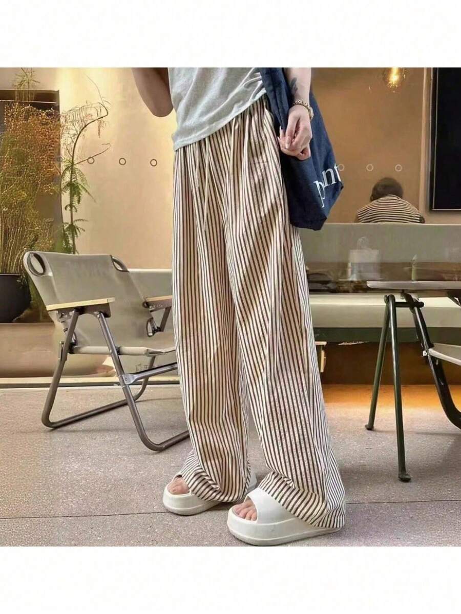 Wide Leg Striped Elastic Palazzo Pants With Pockets - Coffee Brown - View 1