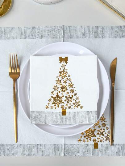 16pcs Christmas Tree Disposable Napkins, Bronzing Christmas Tree Printed Tissue, Merry Christmas Home Decoration, Christmas Party Table Supplies, New Year Party Decor, Merry Christmas Paper Napkins