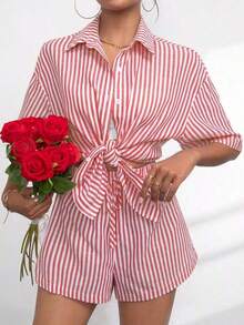 Solapa de verano Casual a rayas de manga corta Pantalones de dos piezas de las mujeres traje de moda opa Dos piezas para Mujer - Rojo - Ver 3