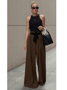 بنطلون نسائي واسع الساق من قماش منسوج أحادي اللون، مناسب للارتداء اليومي والسفر عبر المطار، مناسب للربيع والصيف