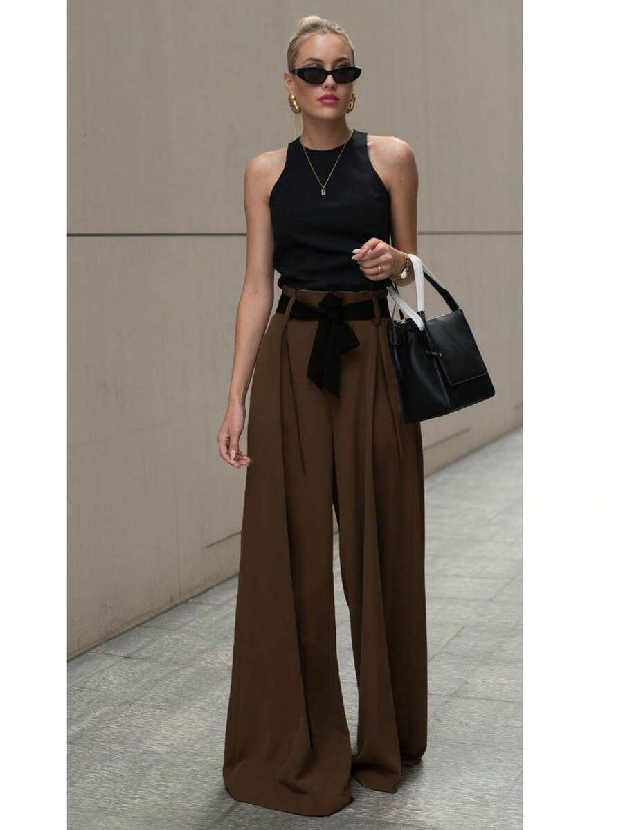 بنطلون نسائي واسع الساق من قماش منسوج أحادي اللون، مناسب للارتداء اليومي والسفر عبر المطار، مناسب للربيع والصيف