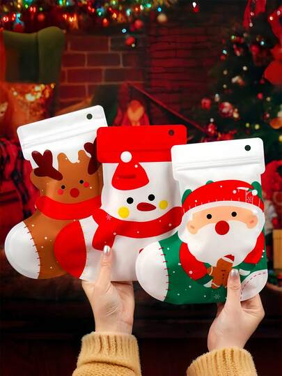 10pcs Christmas Stocking Gift Bags, Christmas Snack Gift Bags, Hand-Held Gift Bags, Plastic Souvenir Packaging Bags, Christmas Stocking Gift Bags, Candy And Biscuit Packaging, Self-Sealing Bags, Cute And Creative Holiday Gift Bags.