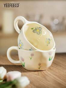 yeefeeco 1 pezzo Set tazza e piattino in ceramica, tazza da caffè e piattino con motivo floreale, tazza da tè carina e piattino, adatto per uso domestico, tè pomeridiano, ragazze e periodo di rientro a scuola