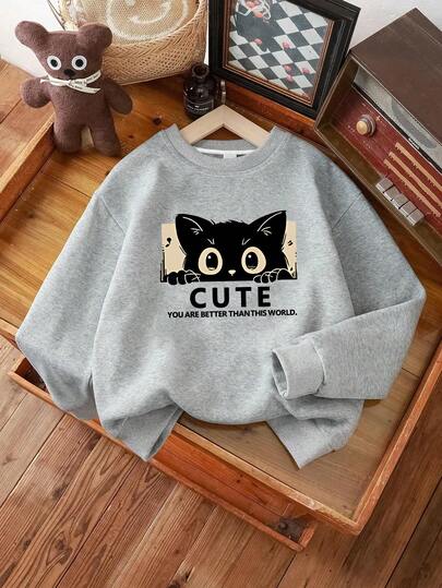 女童黑色小猫图案灰色圆领卫衣，时尚休闲，穿着舒适，适合休闲运动旅行、派对聚会、校园