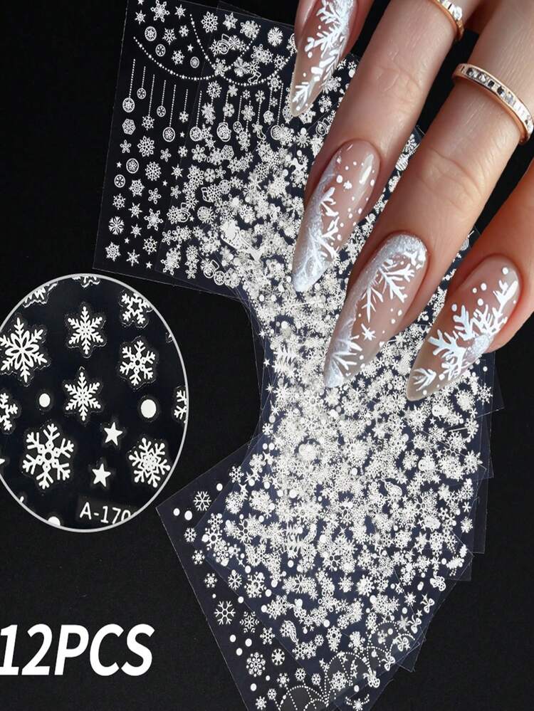 12片装3D白色圣诞美甲贴纸，10x8英寸大号全息雪花美甲贴花，激光银色雪花美甲贴纸，圣诞树麋鹿自粘贴纸，冬季美甲配件，女士美甲用品，12张/套 - 白色 - 查看 3