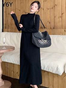 [Y6Y] 女士长袖高领针织毛衣连衣裙，高弹黑色长裙，适合秋冬季作为内搭，可搭配外套和毛衣穿着 - 黑色 - 查看 6