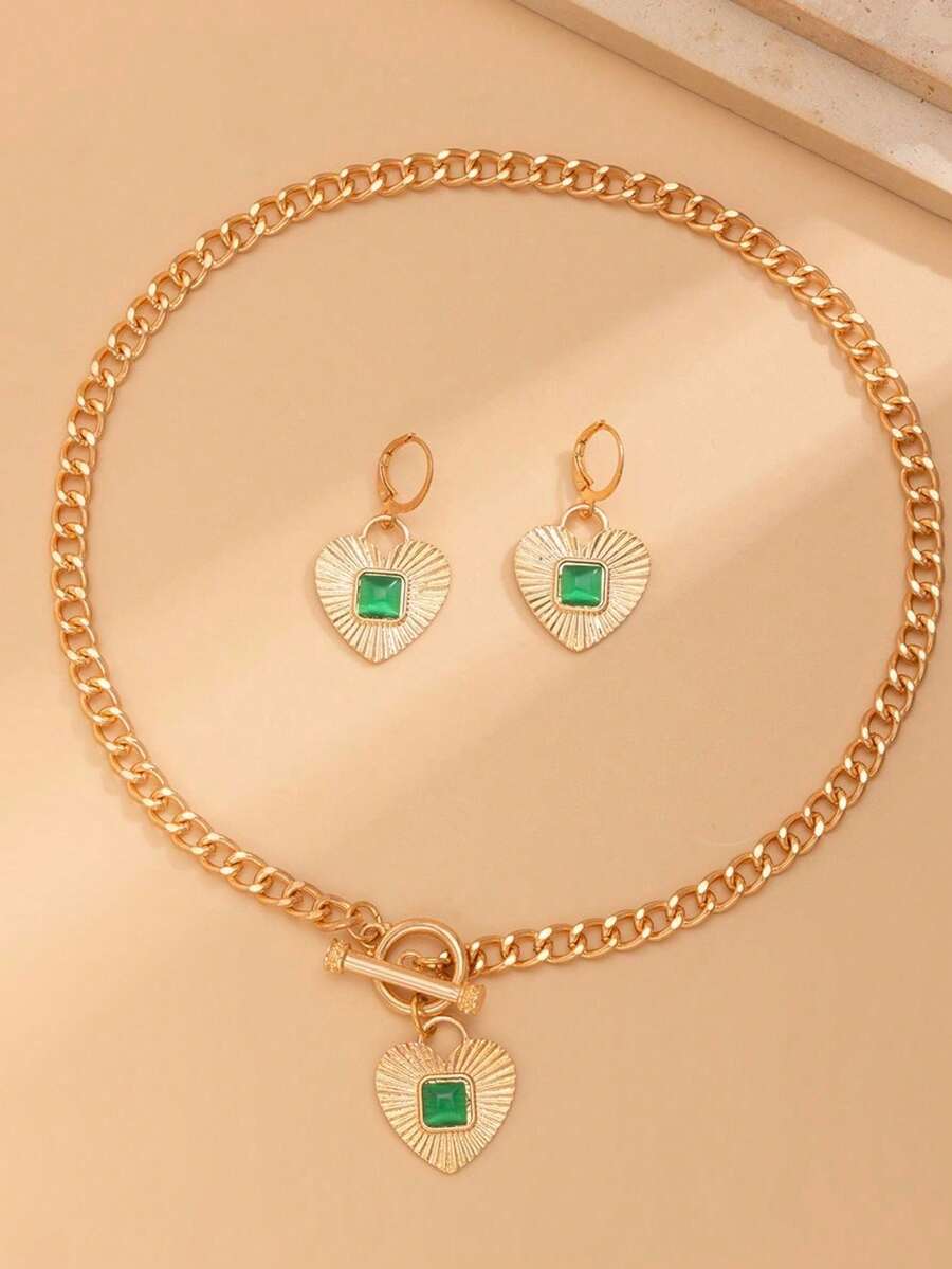 1 Set de Collar con Cadena en Forma de Corazón Verde Vintage y Aretes, Accesorios de Moda para Uso Diario para Hombres (Empaquetado en Bolsa de OPP)