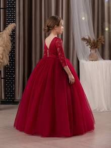 Tween Girl Lace Trim Deep V Back Mesh Princess Dress, Suitable For Birthday Party, Easter, Flower Girl, Wedding, Prom, Holiday Occasions - Burgundy - View 3