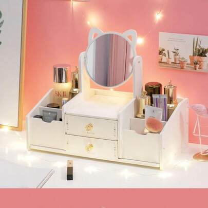 复古穿衣镜带秘密储物功能 - 360°旋转台式镜子带隐藏式珠宝盒 - 双面放大镜用于细节和造型，双面反射，静音旋转，隐藏式储物，稳定加重底座，哑光