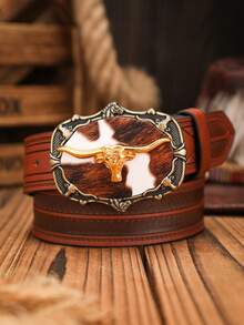 1pc Western Style Bull Head Buckle PU Embossed Belt With Rivet Design, Vintage & Personalized (Hole Puncher Included) Halloween, Casual, Business, Street,   Boho, Western, Outdoor, Gift For Men, Husband, Boyfriend, Father, Dad, Christmas - As Shown - View 12