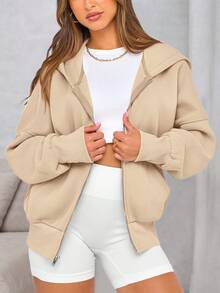 Women Fall Zip Up Drop Shoulder Fleece Hoodie Sweatshirt Long Sleeve Hooded Jacket Autumn Winter Y2K Street Clothes Outfits Tops - 杏色 - 查看 6