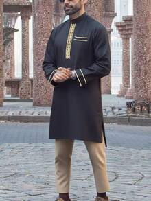 Herren Lässig Traditionelle Nahost Kleidung, aufwendige Verarbeitung, fließender eleganter einfarbiger Stehkragen Langarm Spaltrock in Midi-Länge, minimalistisch für Ramadan, geeignet für Ausgänge, Alltagstragen, vielseitig, markantes Design, unverzichtbarer Herren Langarm Kurzbademantel