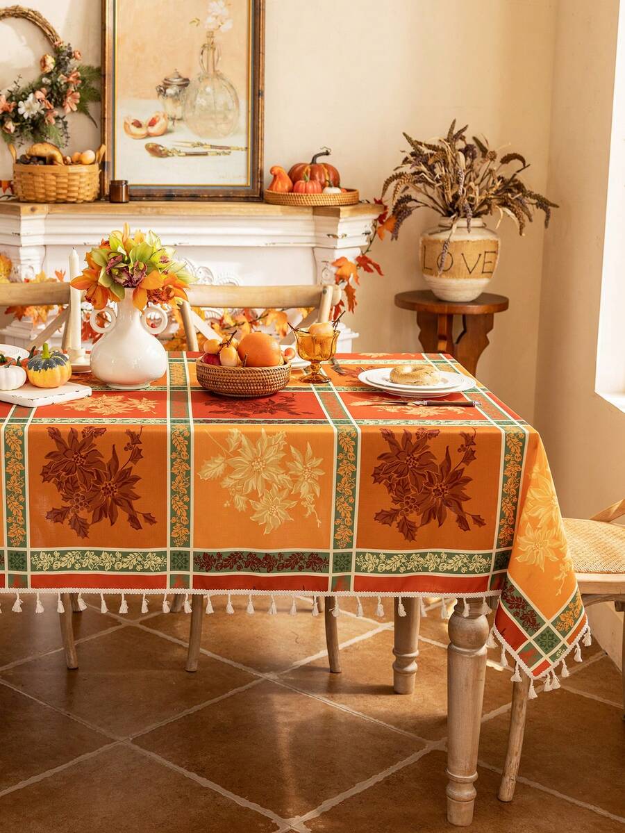 1 件圣诞快乐长方形桌布，格子一品红花卉印花，3D 竹纹理，米色流苏装饰，可水洗，适用于咖啡桌、床头柜、餐桌、家居装饰，适合家庭聚会、晚餐、节日、派对、新年、圣诞节、感恩节、主题派对、秋季装饰