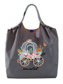 1pc New Casual Embroidered Floral Car Pattern Lightweight Nylon Large Capacity Tote Bag, Suitable For Commuting, Party, Shoulder & Crossbody Bag With Strap