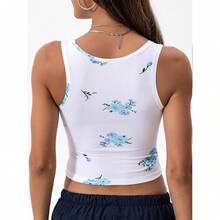 Women Rib Tank Top Padded Workout Top Square Neck Crop Tank Fitted Basic Cami Tops - Floral Forget-me-not Blue - View 3