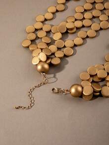 1件波西米亚风木质不规则圆形手工串珠多层项链，粗链长款项链，适合女性日常佩戴、旅行派对、假日配饰（木质材料上的轻微划痕属于正常现象） - 金色 - 查看 3
