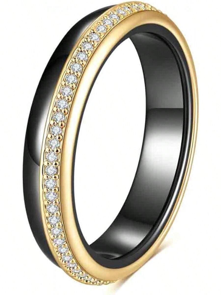6mm White/Black Ceramic Rings Plus Cubic Zirconia For Women Comfort Fit Engagement Wedding Band Size 5-122025 - 4mm Black & Gold - View 1