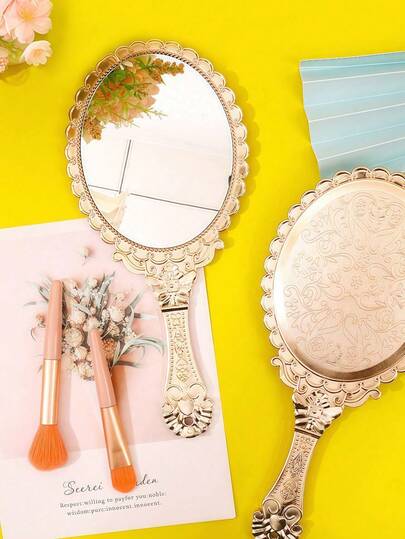 Espejo de mano de maquillaje vintage - Espejo de tocador con patrón floral grabado y enchapado, estilo retro europeo, espejo portátil de viaje para bolso y tocador, espejo de mano rosa dorado estético INS, regalo creativo para novias, adolescentes y amantes del estilo vintage