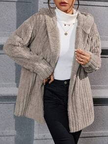 女式秋季法兰绒卡其色印花羊羔绒领前扣连帽休闲常规夹克，女式冬季休闲落肩连帽宽松卡其色纯色外套，冬季保暖/冬季服装，长袖上衣 - 卡其色 - 查看 10