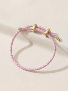 1pc College Style Solid Color Metal Buckle PU Single Circle Adjustable Bracelet, DIY Basic Wristband For Women - Pink - View 4