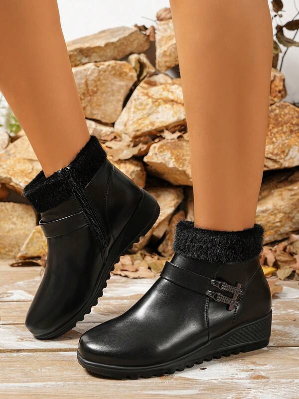 Nowe buty dla mam w dużych rozmiarach, jesień/zima, pluszowe botki do kostki, na obcasie koturnowym, wygodne, ciepłe, antypoślizgowe, czarne