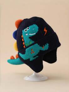 1 件儿童护耳帽，温暖厚针织恐龙图案无檐帽，适合男孩女孩，适合 3-8 岁，秋冬季