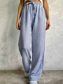 Wide Leg Striped Elastic Palazzo Pants With Pockets - Azul lavado oscuro - Ver 1