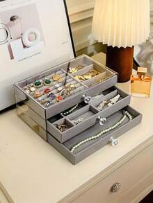 1pc, 7 Compartments 5 Layers Velvet Jewelry Box Drawer-Style Jewelry Box Ring Box Earring Storage Box Drawer-Style Jewelry Storage Box,3 Layers Clear Plastic & Velvet Drawers Jewelry Storage Box