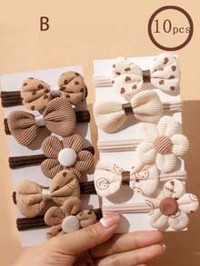 10pcs/Pk Girl Autumn/Winter Brown Flower Hair Scrunchies, Beige Bowknot Hair Ties, Suitable For Ponytail, Everyday Use