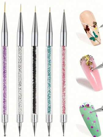 5pcs Double-Ended Nail Art Liner Brush Dotting Pen Rhinestone Drill Drawing And Dotting Tools