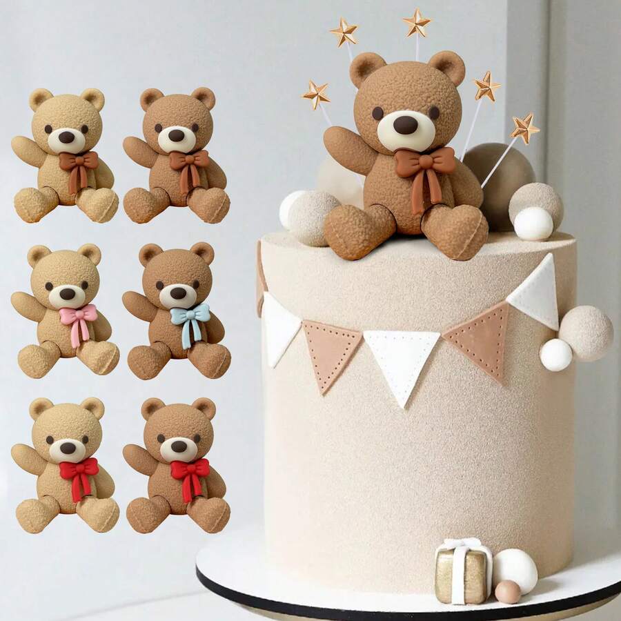 5 pezzi/7 pezzi Decorazione per torta con orsetti marroni chiari e scuri, fiocchi e stelle dorate per baby shower, compleanno e decorazione torta